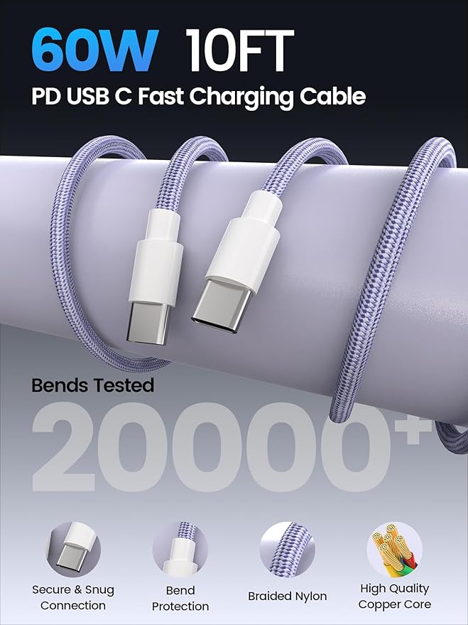 60W USB C Charger Block for iPhone 17 16 15,EIZLXQ 2-Pack USB C Wall Charger with Total 60W Max Output,10FT USB C Cable,Fast Charging Blocks for iPhone 17/16/15 Series,Galaxy,Pixel,iPad-Lavender