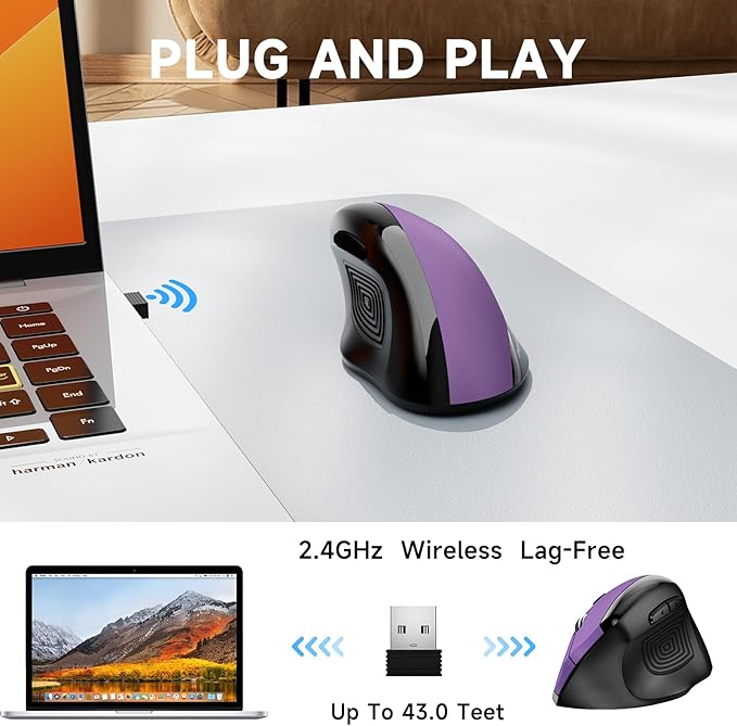 memzuoix Ergonomic Wireless Mouse, 2.4G Optical Cordless, 800/1200/1600 DPI, Vertical Computer Mouse for Laptop, Mac, PC, Desktop (Right Hand, Large) - Purple
