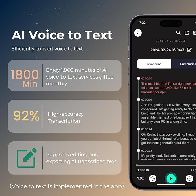 FoCase Note AI Voice Recorder, Transcribe & Summarize, Translation, APP Control with Chat GPT, Magnetic, 64GB Memory, Support 112 Languages, Audio Recorder for Phone Calls, Lectures, Meetings