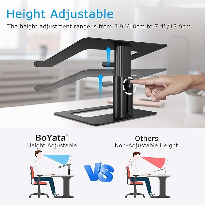 BoYata Laptop Stand, Ergonomic Aluminum Height Adjustable Computer Stand Laptop Holder for Desk, Compatible with MacBook Pro/Air, Dell, Lenovo, HP, Samsung, More Laptops 11-17" (Black)