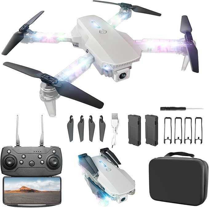 Drone with Camera 1080P HD - Foldable FPV Mini Drones with LED Lights for Adults Kids and Beginners, Toys Gifts RC Quadcopter with One Key Take Off, 3D Flips for Boys Girls with 2 Batteries, White