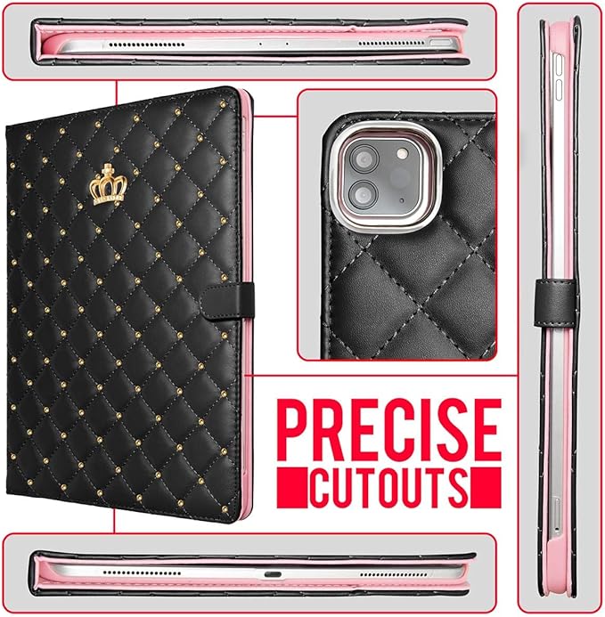 Changjia for iPad Air 11 Inch Case M4 (2026)/M3 (2025)/M2 (2024), iPad Air 5th/4th Gen 10.9" (2022/2020) with Pencil Holder,Girly Cute Crown Diamond Elegant Auto Sleep/Wake Stand Protective Case,Black