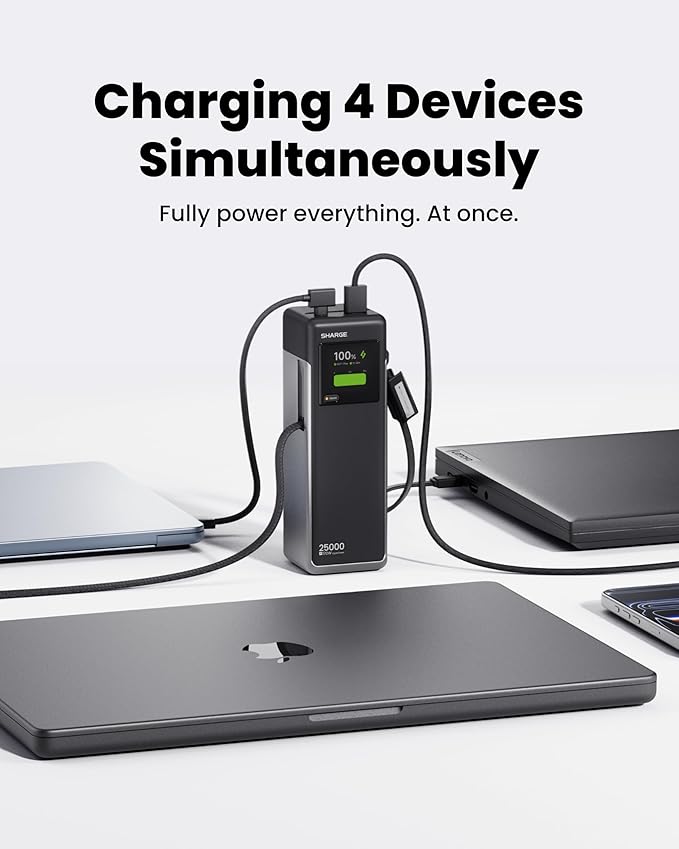 SHARGE Laptop Power Bank 25000mAh, HyperTower 170W Total Fast Charging Portable Charger, 100W USB-C Power Bank with Built-in Cables, High Capacity Travel Battery Pack for MacBook, iPhone17, Galaxy S26