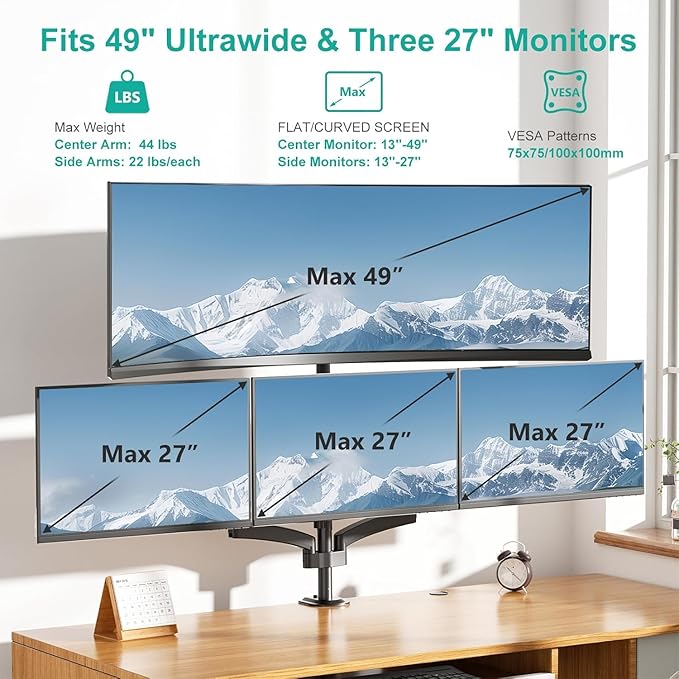 WALI 4 Monitor Mount for 13-49 inch Ultrawides on Top Bracket and 27 inch Screens on Lower Brackets, Heavy Duty Arm Extra Tall Quad Monitor Stand, up to 44 lbs (GSDM004S-P), Black