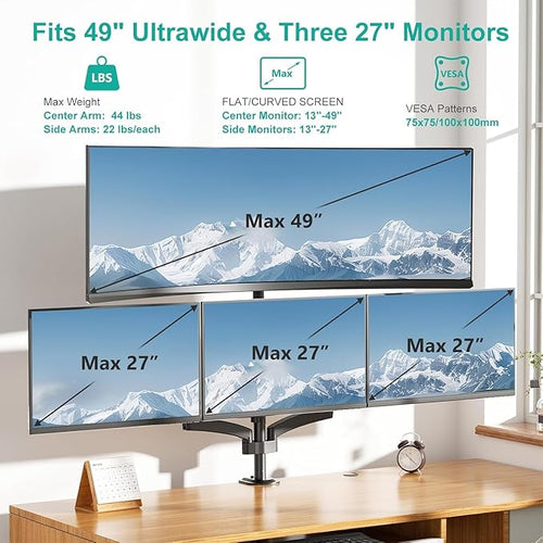 WALI 4 Monitor Mount for 13-49 inch Ultrawides on Top Bracket and 27 inch Screens on Lower Brackets, Heavy Duty Arm Extra Tall Quad Monitor Stand, up to 44 lbs (GSDM004S-P), Black