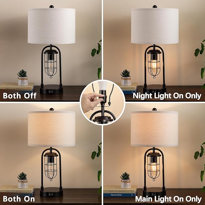 Kyrid Set of 2 Table Lamps with USB Ports and Night Light Farmhouse Nightstand Lamp for Living Room Bedroom（Bulbs Included）