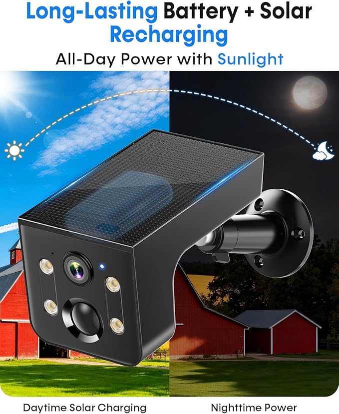 Thybro Solar Powered Camera Outdoor 2 Pack: AI Motion Detection 2K Outdoor Camera Wireless - Long Battery Life for Home & Business Monitoring(Black)