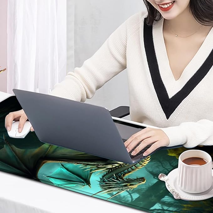 Large Mouse Pad, 31.5 x 11.8in Extended Gaming Mouse Pad with Stitched Edges, XXL Mousepad Protector Non Slip Rubber Base for Office and Home Writing Mat, Green Nature Dragon Pattern Black Desk Mat