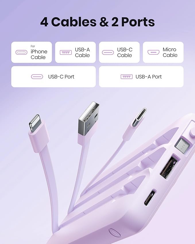 Portable Charger with Built-in Cable, 10000mAh Slim USB C Power Bank, External Battery Pack 5 Outputs 2 Inputs LED Display Compatible with iPhone/Android & More (Lavender)