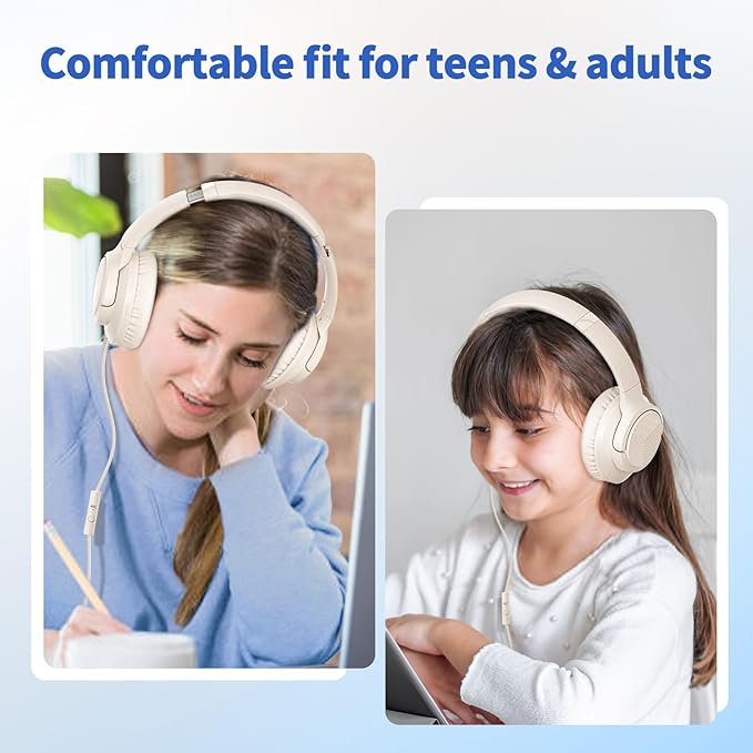 Botesty Sound Headphones Wired with Microphone, Over Ear Foldable 3.5mm Plug in Headphones Corded with 4.9ft Tangle-Free Nylon Cord for Tablet, Laptop, MP3/4, School, Airplane Travel (Beige)