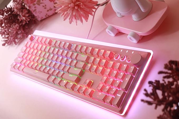 i-rocks K71M RGB Mechanical Gaming Keyboard with Media Control Knob, Switches (Red), 107 Keys w/Full NKRO, PBT Keycaps, Multimedia Hotkeys, Detachable USB-C Cable and Onboard Storage, Pink