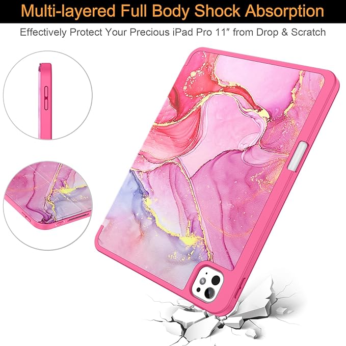 Soke Case for New iPad Pro 11 Inch (M5/M4) 5th Generation 2024-2025 with Pencil Holder - [Shockproof + Apple Pencil Charging + Auto Wake/Sleep], Soft TPU Back Cover for iPad Pro 11", Hot Pink Marble