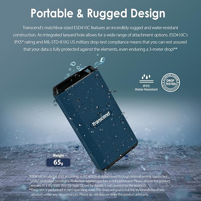 Transcend ESD410 2TB External SSD, Up to 2000MB/s, Supports Apple 4K 60fps ProRes, for iPhone17/15/16/iPad/Mac/Tablets/PS5/Windows/Android, IPX5 Water-Resistant, USB 3.2 Gen2 (20Gbps) Portable SSD