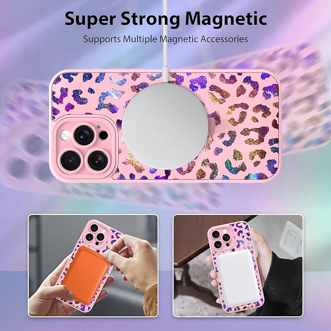 KANGHAR Compatible with iPhone 15 Pro Max Case, Support for MagSafe, Silicone Cute Iridescent Leopard Cheetah Pattern, Wristband Kickstand Shockproof Protective Slim Cover for Women Girls, Pink