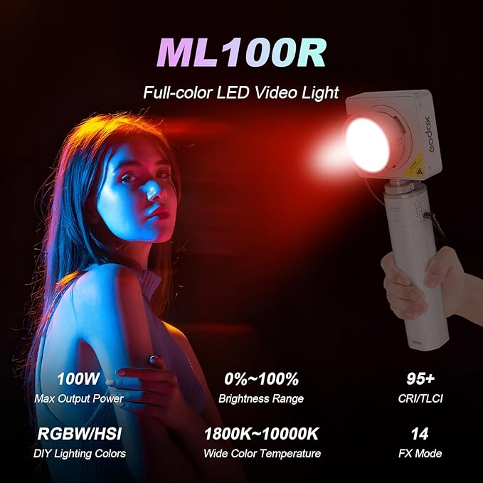 Godox ML100R RGB LED Video Light with Battery Grip & Carry Case, 110W Full-Color, 1800K-10000K CRI 97+/TLCI 98+, 14 FX Effects APP Control Portable Video Light for Studio/Streaming/Outdoor Photography