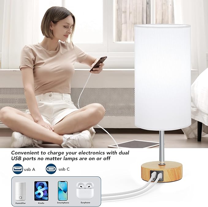 ROTTOGOON 12.8" Touch Control Table Lamp, 3-Way Dimmable Small Bedside Nightstand Lamp with 2 USB Ports, Modern Table Lamp with 5000K Daylight LED Bulb for Living Room (2 Pack)