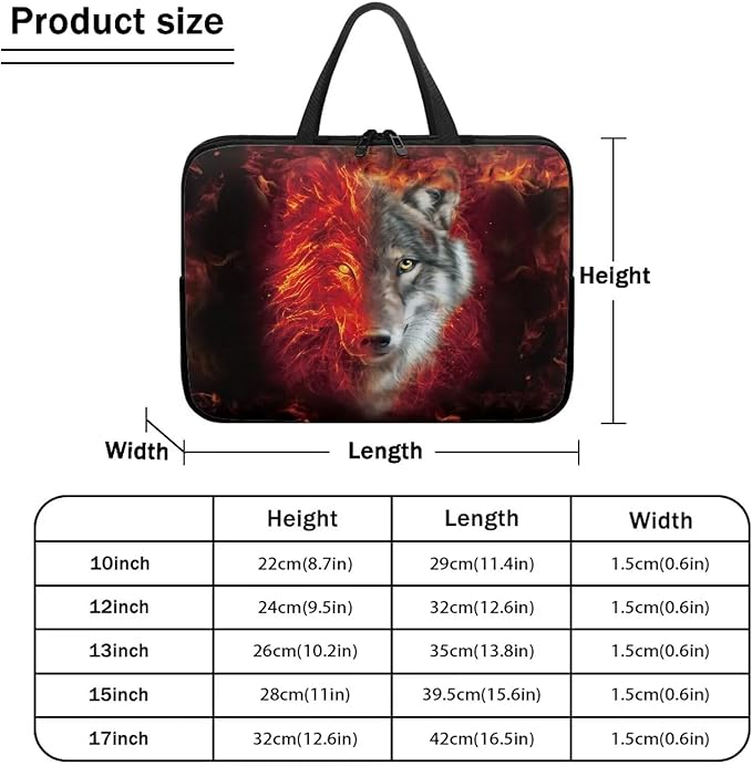 Flaming Wolf Laptop Case 13 Inch Sleeve, Protective Computer Covers with Accessory Pocket, Wildlife Animal Compatible Sleeve Bag for Most 10-17 Inch Notebooks, Black & Red