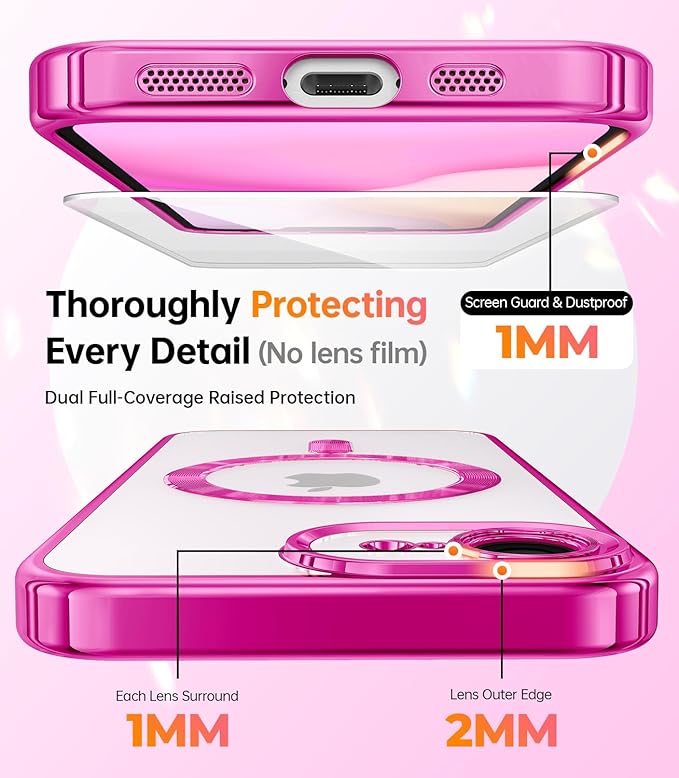 Meifigno Designed for iPhone 17e/16e Case 6.1", [Compatible with MagSafe] [Glitter Card & Wrist Strap] [2X Screen Protectors] Surround Raised Lens Protection Phone Case for 17e/16e, Hot Pink