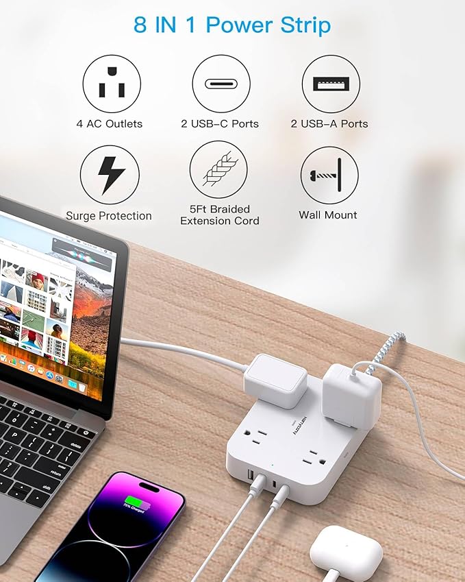 Surge Protector Power Strip, HANYCONY 5Ft Extension Cord with 4 USB Ports(2 USB C), 4 Widely Outlets Extender, Wall Mount, Desk Charging Station for Office School Travel College Dorm Room Essentials
