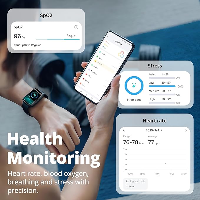 Fitness Tracker for Men & Women with 1.47” HD Display, Heart Rate & SpO2 Tracking, Sleep & Activity Monitor, 100+ Sports Modes, 3ATM Waterproof Smart Band, Works with Android & iOS, Black