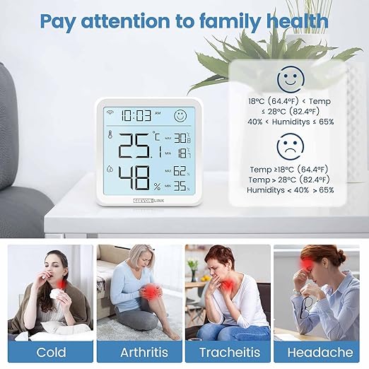 WiFi Indoor Hygrometer Thermometer, Smart Digital Bluetooth Humidity Temperature Gauge with Large LCD Display, Notification Alert with Max Min Records, 1-Years Data Storage Export for Room