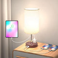 Small Bedside Table Lamp for Bedroom - 3 Way Dimmable Touch Lamp with USB Charging Station and AC Outlet, Wood Base & Fabric Linen Lampshade for Office, Living Room, Dorm, Brown-White, (LED Included)