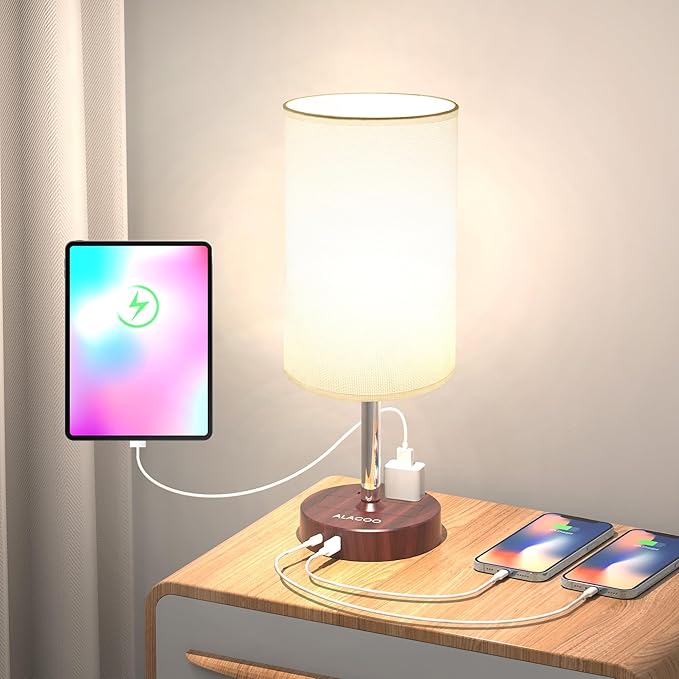 Small Bedside Table Lamp for Bedroom - 3 Way Dimmable Touch Lamp with USB Charging Station and AC Outlet, Wood Base & Fabric Linen Lampshade for Office, Living Room, Dorm, Brown-White, (LED Included)