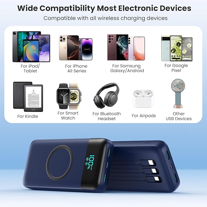 Wireless Portable Charger 40800mAh with 3 Built-in Cables,7-in-1 15W Wireless Charging Power Bank,25W PD QC 4.0 USB C Fast Charging Travel Essential Battery Pack for iPhone 17/16/15/13/12,Android-Blue