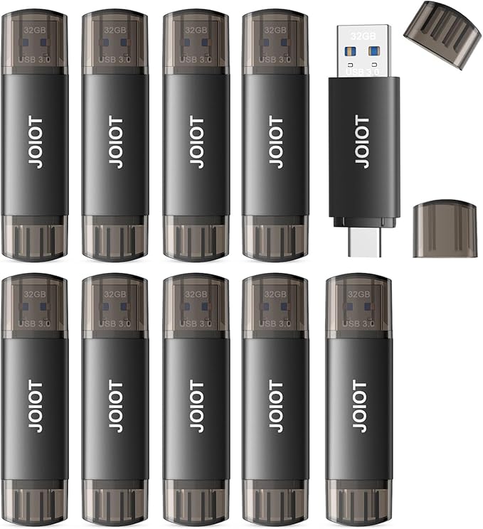 32GB USB C Flash Drive Dual USB 3.0 Flash Drive Type C + USB A Portable Type-C Flash Drive 2-in-1 USB-C Thumb Drive for Smartphone Tablet Computer Mac iPhone 16 Black (10 Pack)