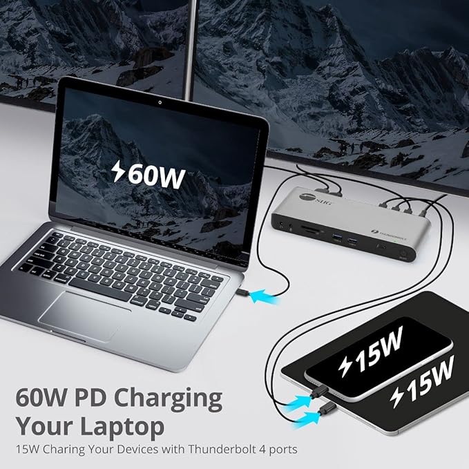 SIIG Thunderbolt 4 Docking Station - Quad 4K / Single 8K, 60W PD, 3X TB4 40Gbps (USB-C), 2X USB-A 5G, Gigabit Ethernet, Support Mac M1/M2/M3 Pro/Max & Windows (Intel/AMD/Snapdragon) (JU-DK0U11-S1)