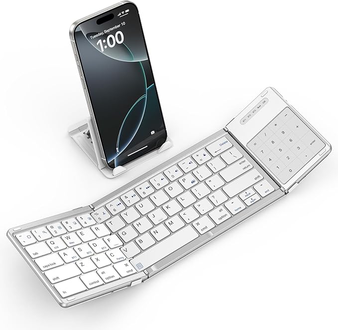 SODI Foldable Keyboard with Touchpad, Portable Wireless Keyboard for Mac with Stand Holder and PU Leather Cover, Rechargeable Pocket Folding Key Board for iPad, iPhone, Mac iOS Tablets & Laptop