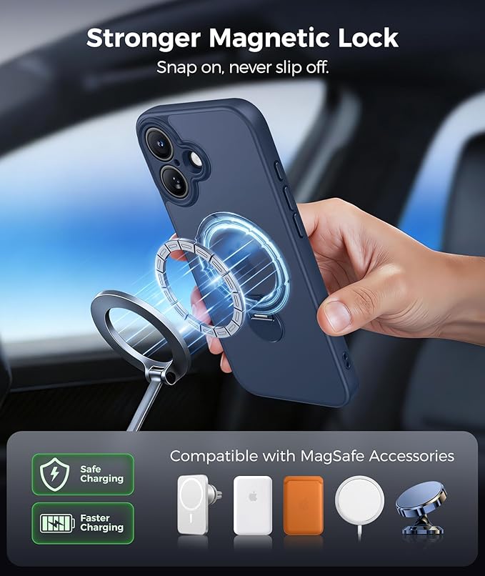 FNTCASE for iPhone 17 Case: [360 Spin Magnetic Stand] [Compatible with Magsafe] [Screen Protector] Translucent Matte Military Grade Shockproof Full Camera Protective Phone Cover - Deep Blue