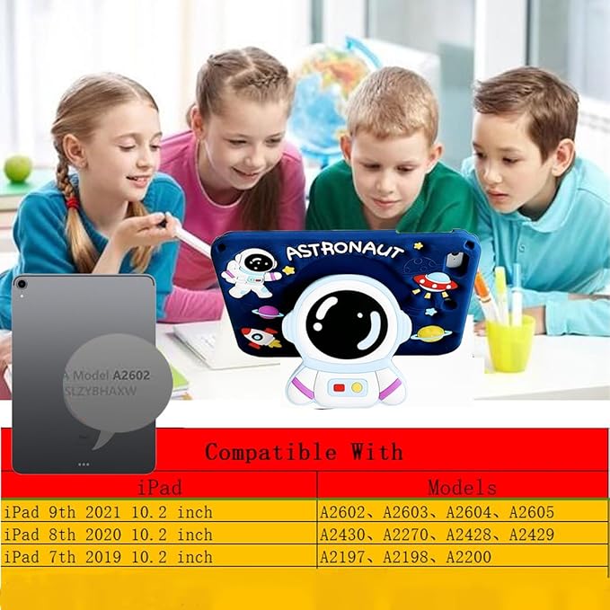 3D Cute Astronaut Case for iPad 9th/8th/7th 10.2 inch/Air 3 2019/Pro 10.5 inch,Kawaii Cartoon Pretty Space Astronaut Soft Silicone Foldable Stand Case with Lanyard for Kids Teens Girls Women