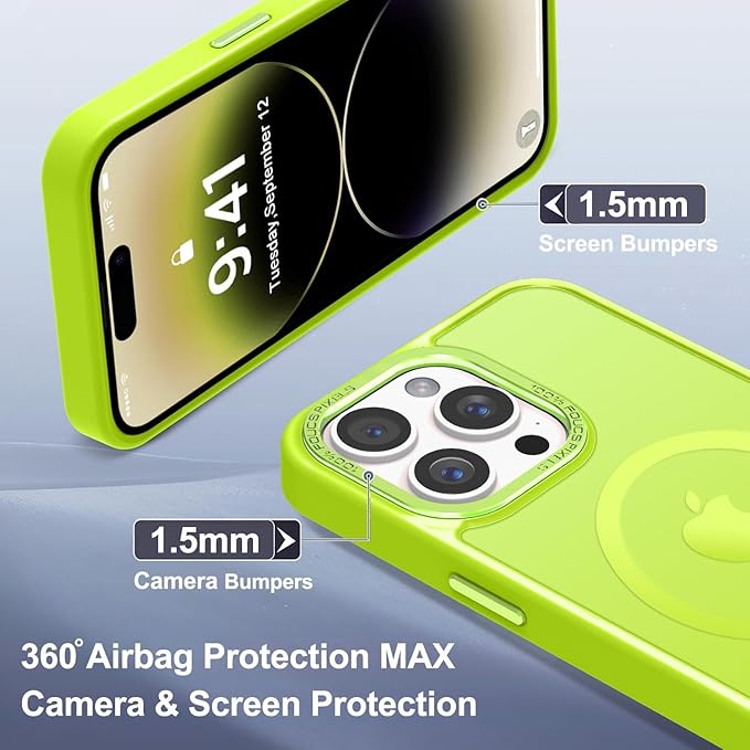 Newfuture Designed for iPhone 14 Pro Case with Magnetic [13 FT Military Drop Protection] [Compatible with Magsafe] Slim Translucent Matte Shockproof with Anti-Fingerprint Phone Case, Fluorescent Green