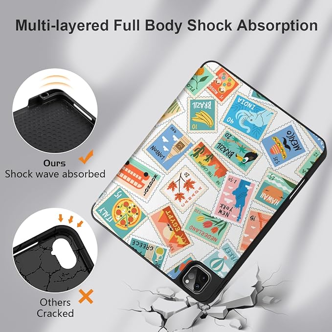 DONGKE Case for 2022/2021/2020/2018 iPad Pro 11 inch Gen 4/3/2/1 - Slim Protective Case - Built in Pencil Holder Support Charging - Trifold Stand & Sleep/Wake Cover- Post Stamps