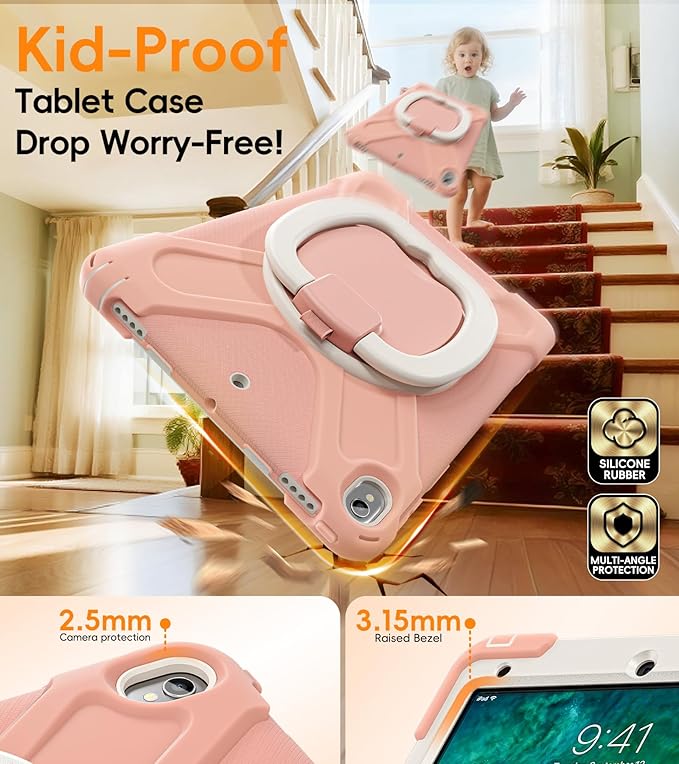 BATYUE case for iPad Air 3rd Gen 2019 & iPad Pro 10.5" 2017, Heavy Duty Rugged Protective Cover with 360° Swivel Stand, Shoulder Strap & Pencil Holder - for Business, Outdoor, Kids - Rose Gold