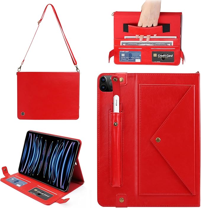 Handbag Case for iPad Pro 12.9-inch (4th/5th/6th Gen) & iPad Air 13" 2025/2024, Techcircle Folio Stand PU Leather Crossbody Wallet Case with Pencil Holder, Hand Strap & Shoulder Strap, Red