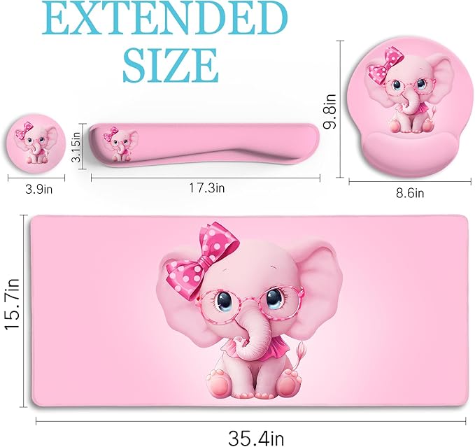 LIMKRIAN Elephant Mouse Pad Desk Mat Set, Kawaii Gaming Ergonomic Mouse Pad with Wrist Support Wrist Rest for Computer Keyboard Cup Coaster, Cute Pink Elephant Office Supplies Desk Decor Accessories