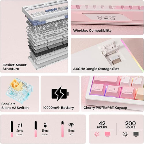 EPOMAKER TH108 PRO Full Size Mechanical Keyboard with Screen & Knob, Wireless Gaming Keyboard with 10000mAh, Creamy Gasket, Hot Swap, Custom Driver, RGB Backlight, NKRO (Pink, Sea Salt Silent)