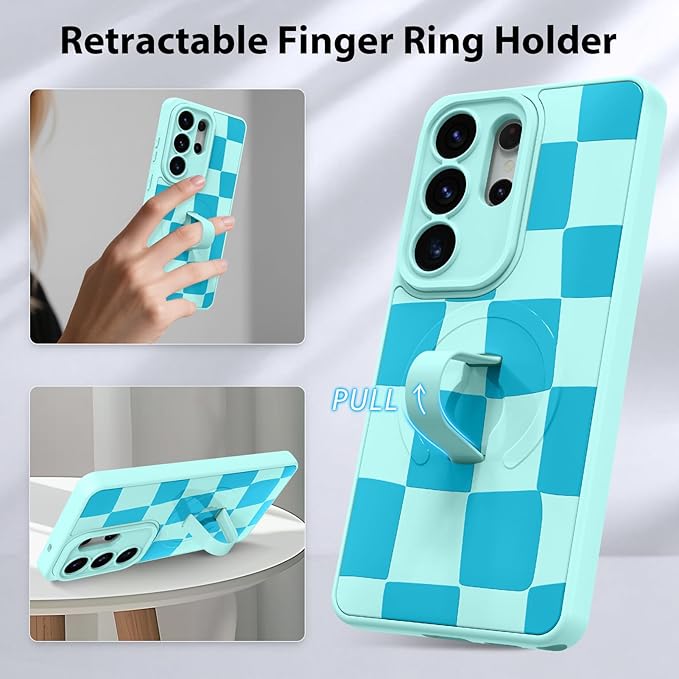 KANGHAR Compatible with Samsung Galaxy S26 Ultra Case, Support for MagSafe, Silicone Checkered Cute Pattern, Wristband Kickstand Camera Protection Soft Slim Cover for Girls Women -Blue