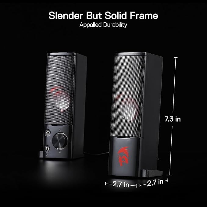 Redragon GS550 PC Gaming Speakers, 2.0 Channel Desktop Computer Sound Bar with Compact Maneuverable Size, Headphone Jack, Quality Bass & Decent Red Backlit, USB Powered w/ 3.5mm Cable