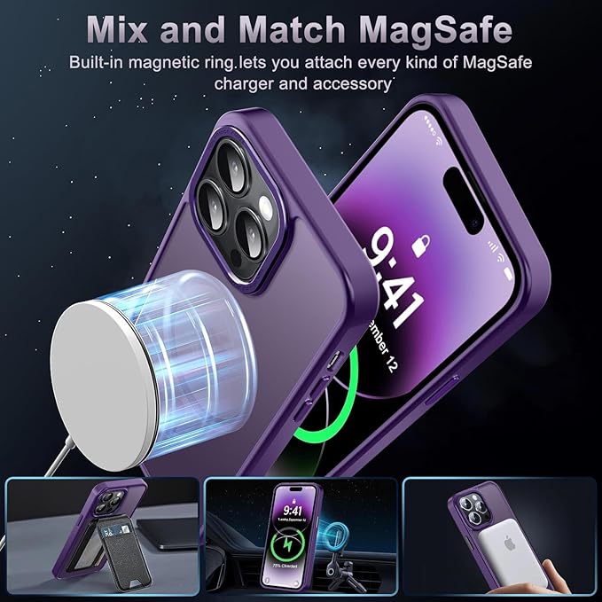 Newfuture Designed for iPhone 14 Pro Case with Magnetic [13 FT Military Drop Protection] [Compatible with Magsafe] Slim Translucent Matte Shockproof with Anti-Fingerprint Phone Case, Deep Purple