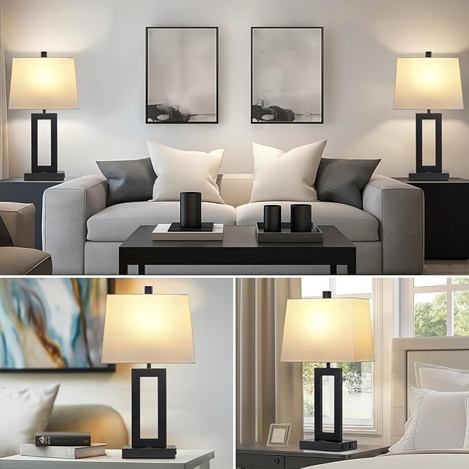 Cinkeda Table Lamp Set of 2 with USB C+A Ports & AC Outlet, Bedside Lamps, Modern Bedroom Lamps, Black Lamps for Bedroom Living Room,Nightstand Lamp（Push Button Swich/NO dimming