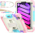 SEYMAC stock Case for iPad Mini 7 (A17 Pro)2024/ Mini 6 8.3'' with Screen Protector Pencil Holder [360 Rotating Hand Strap] &Stand, Drop-Proof Case for iPad Mini 7th/6th Generation 8.3",Yellowish+Pink