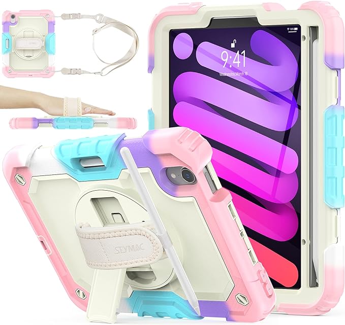 SEYMAC stock Case for iPad Mini 7 (A17 Pro)2024/ Mini 6 8.3'' with Screen Protector Pencil Holder [360 Rotating Hand Strap] &Stand, Drop-Proof Case for iPad Mini 7th/6th Generation 8.3",Yellowish+Pink