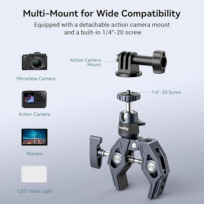 SMALLRIG Camera Mount Clamp, Gopro Motorcycle and Bike Handlebar Mount Kit, Super Clamp for DSLR, Action Camera, Gopro, Insta360, LED Light, Monitor, Max Load 3.5KG