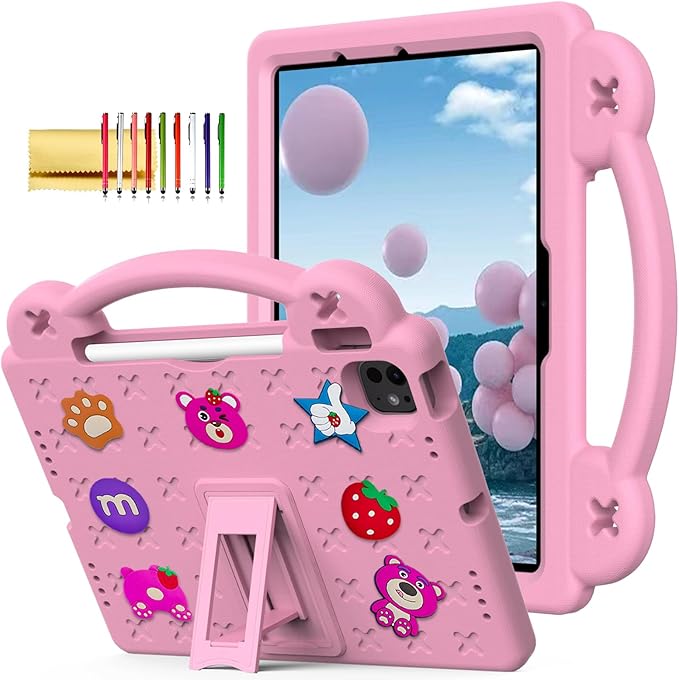 Dteck Case for iPad Air 5th/4th Gen 10.9" 2022/2020,iPad Pro 11 inch 4th/3rd/2nd/1st Gen,Strawberry Panda Shockproof Rugged Lightweight Convertible Handles Stand Kids Friendly Pencil Holder Case,Pink