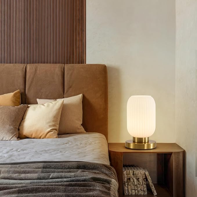 Glass Mid Century Table Lamp: 5.9" Milk White Ribbed Small Nightstand Bedside Vintage Desk Lamps - Cute Cozy Ambient Bedroom Night Lamp with Dimmable Plug in Cord - Modern e26 Grass Entryway Mcm Lamps
