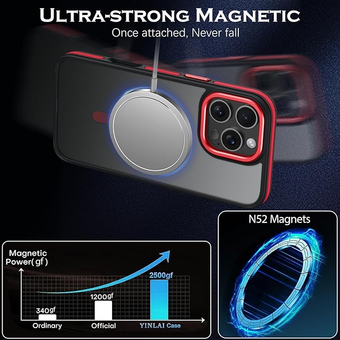 YINLAI Case for iPhone 16 Pro 6.3-Inch, iPhone 16 Pro Phone Case Magnetic [Compatible with Magsafe] Slim Translucent Matte Men Women Girls Shockproof Protective Back Cover, Black/Red