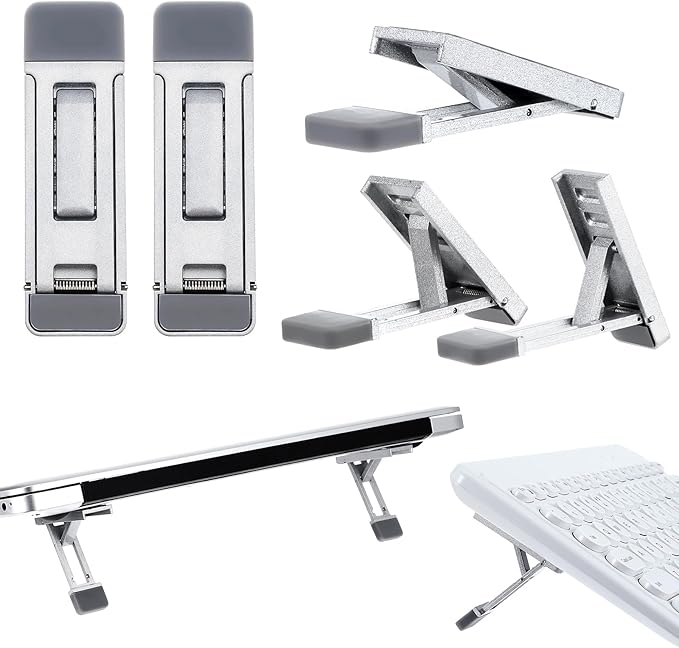 Mini Portable Laptop Stand for Desk, Portable Keyboard Riser Three Tilt Angle Adjustable Foldable Invisible Laptop Riser Self-Adhesive Computer Stand Feet for Most Keyboards (Silver, 2)